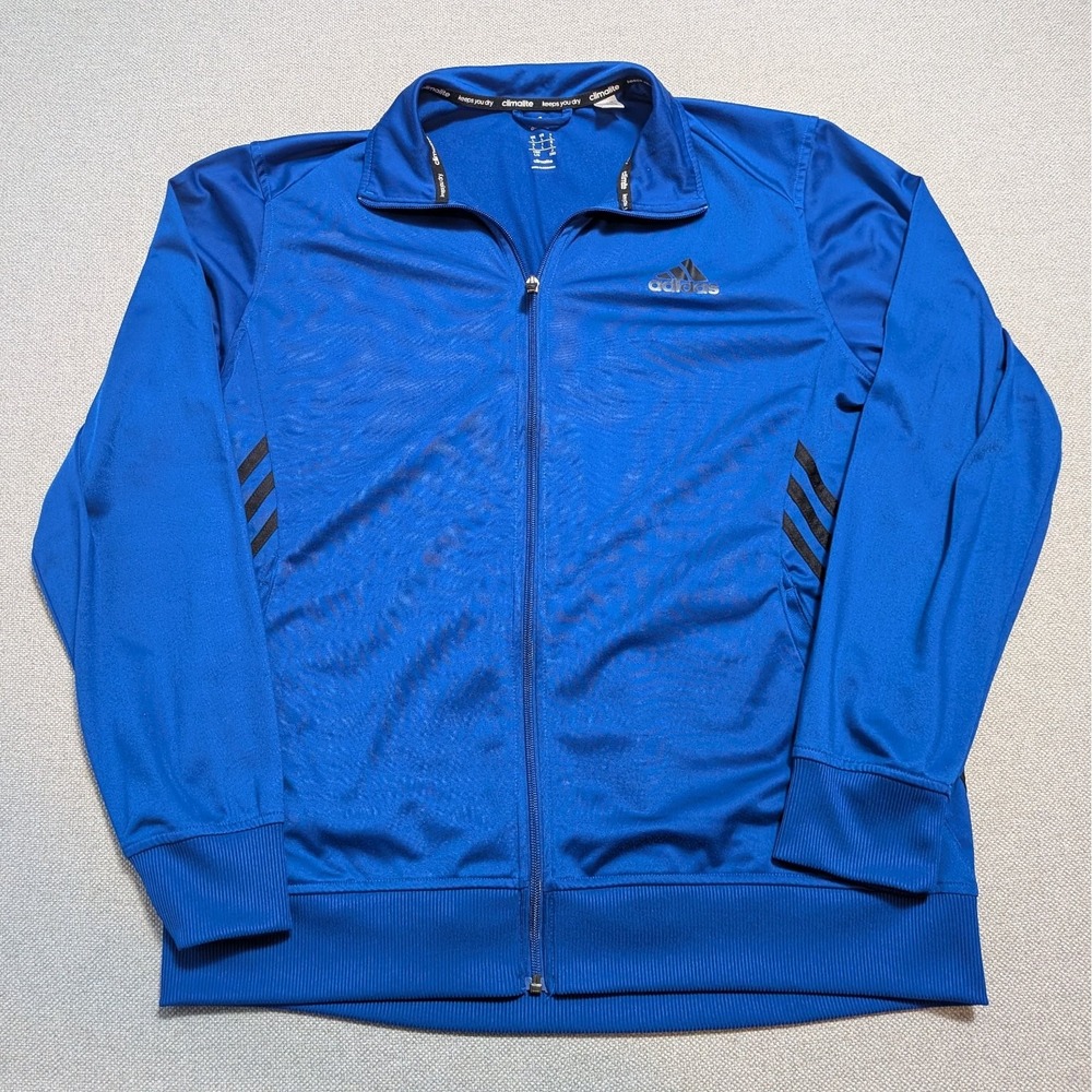 Adidas Climalite Track Jacket Mens L Royal Blue Black 3-Stripe Full Zip Gym